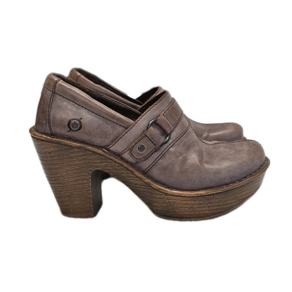Born Crown Haddon Leather Platform Clogs Mules Buckle Strap Brown W82528 Size 6